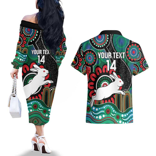 Custom NAIDOC Week 2025 Rabbitohs Couples Matching Off The Shoulder Long Sleeve Dress and Hawaiian Shirt Go Souths Indigenous Art