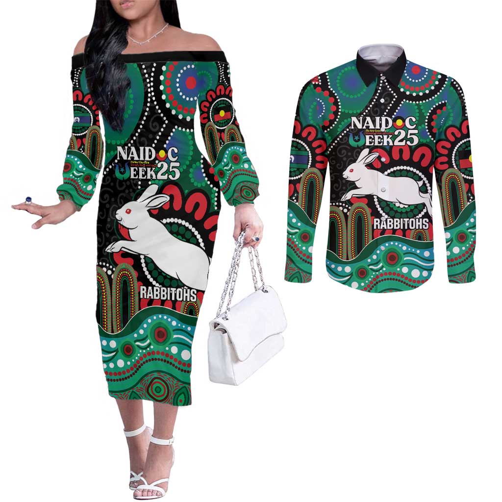 Custom NAIDOC Week 2025 Rabbitohs Couples Matching Off The Shoulder Long Sleeve Dress and Long Sleeve Button Shirt Go Souths Indigenous Art