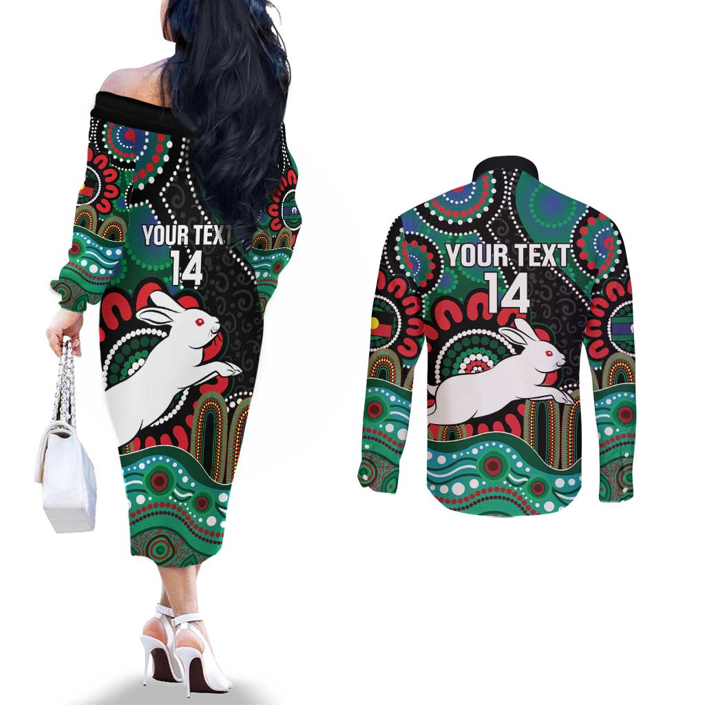 Custom NAIDOC Week 2025 Rabbitohs Couples Matching Off The Shoulder Long Sleeve Dress and Long Sleeve Button Shirt Go Souths Indigenous Art