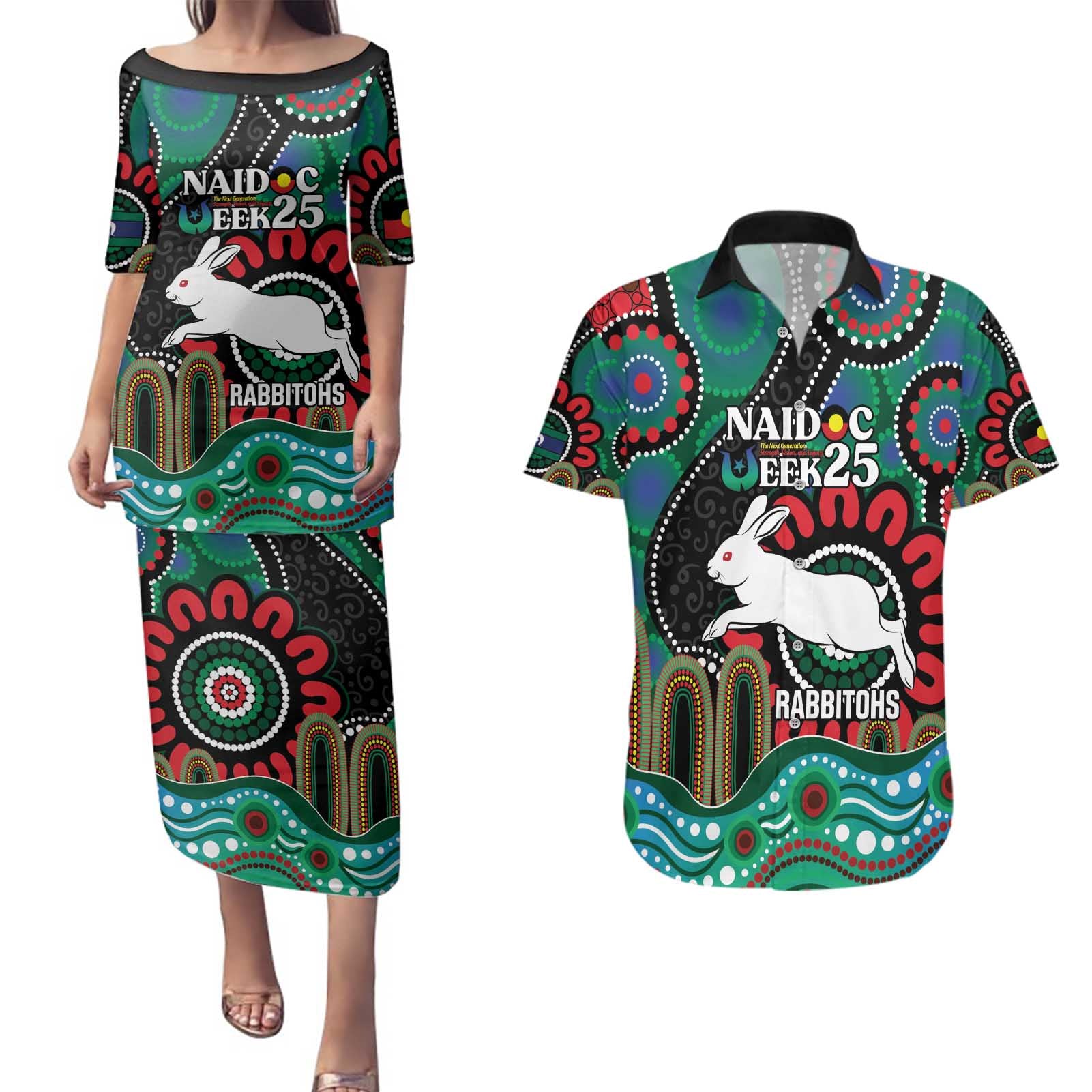 Custom NAIDOC Week 2025 Rabbitohs Couples Matching Puletasi and Hawaiian Shirt Go Souths Indigenous Art
