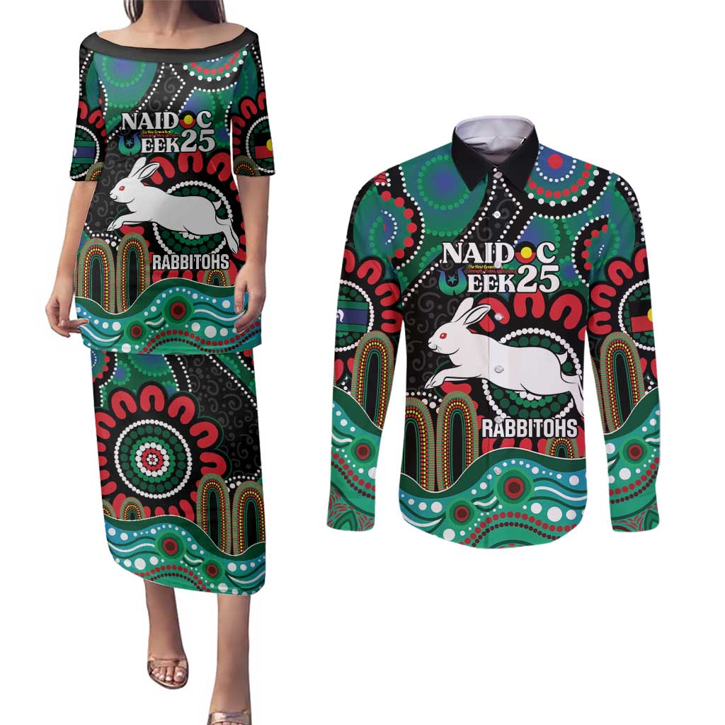Custom NAIDOC Week 2025 Rabbitohs Couples Matching Puletasi and Long Sleeve Button Shirt Go Souths Indigenous Art