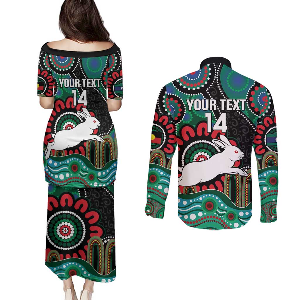 Custom NAIDOC Week 2025 Rabbitohs Couples Matching Puletasi and Long Sleeve Button Shirt Go Souths Indigenous Art