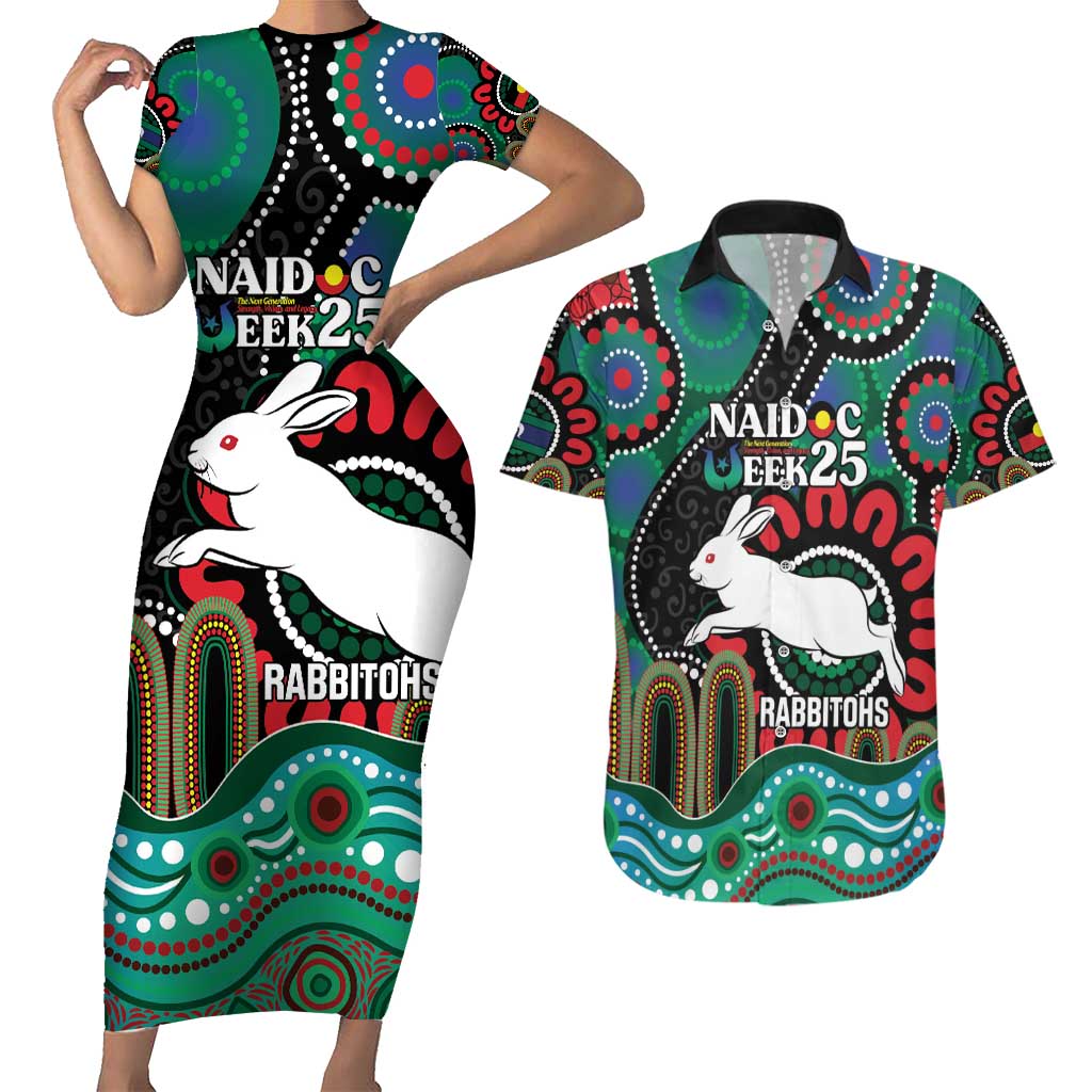 Custom NAIDOC Week 2025 Rabbitohs Couples Matching Short Sleeve Bodycon Dress and Hawaiian Shirt Go Souths Indigenous Art