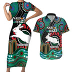 Custom NAIDOC Week 2025 Rabbitohs Couples Matching Short Sleeve Bodycon Dress and Hawaiian Shirt Go Souths Indigenous Art