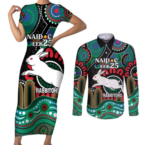Custom NAIDOC Week 2025 Rabbitohs Couples Matching Short Sleeve Bodycon Dress and Long Sleeve Button Shirt Go Souths Indigenous Art
