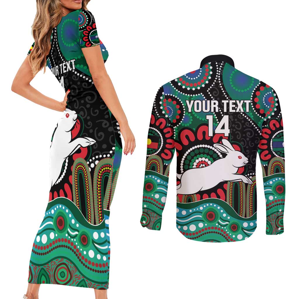 Custom NAIDOC Week 2025 Rabbitohs Couples Matching Short Sleeve Bodycon Dress and Long Sleeve Button Shirt Go Souths Indigenous Art