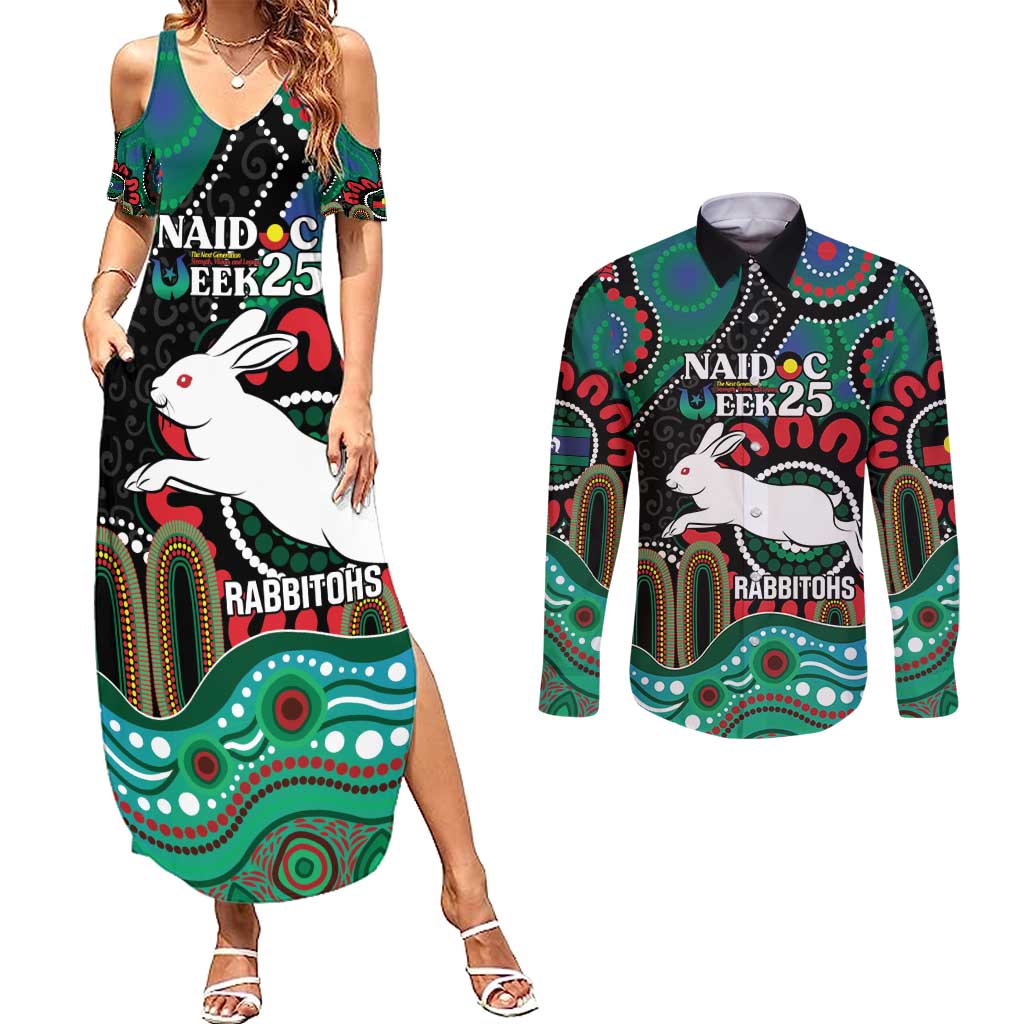 Custom NAIDOC Week 2025 Rabbitohs Couples Matching Summer Maxi Dress and Long Sleeve Button Shirt Go Souths Indigenous Art