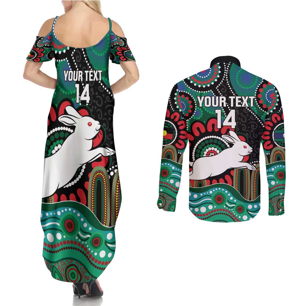 Custom NAIDOC Week 2025 Rabbitohs Couples Matching Summer Maxi Dress and Long Sleeve Button Shirt Go Souths Indigenous Art