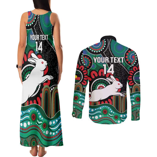 Custom NAIDOC Week 2025 Rabbitohs Couples Matching Tank Maxi Dress and Long Sleeve Button Shirt Go Souths Indigenous Art