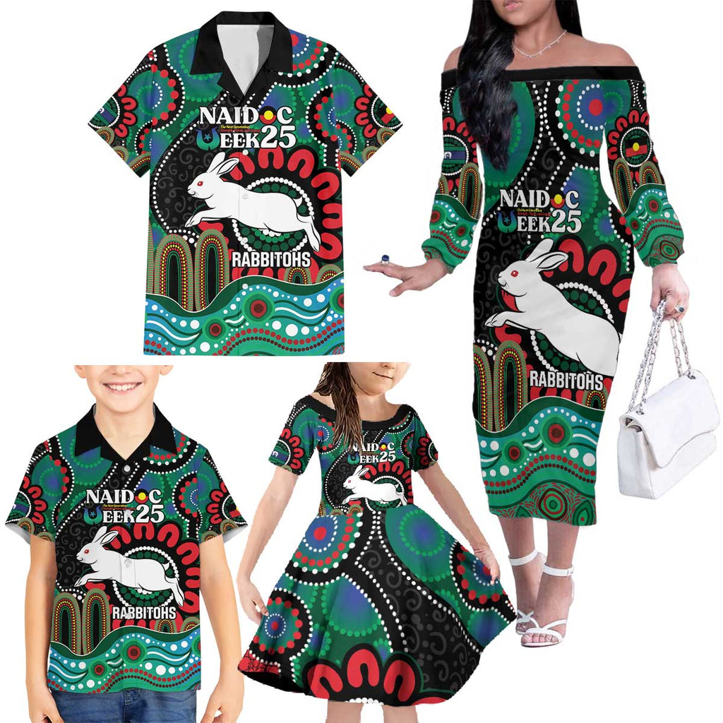 Custom NAIDOC Week 2025 Rabbitohs Family Matching Off The Shoulder Long Sleeve Dress and Hawaiian Shirt Go Souths Indigenous Art
