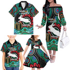 Custom NAIDOC Week 2025 Rabbitohs Family Matching Off The Shoulder Long Sleeve Dress and Hawaiian Shirt Go Souths Indigenous Art