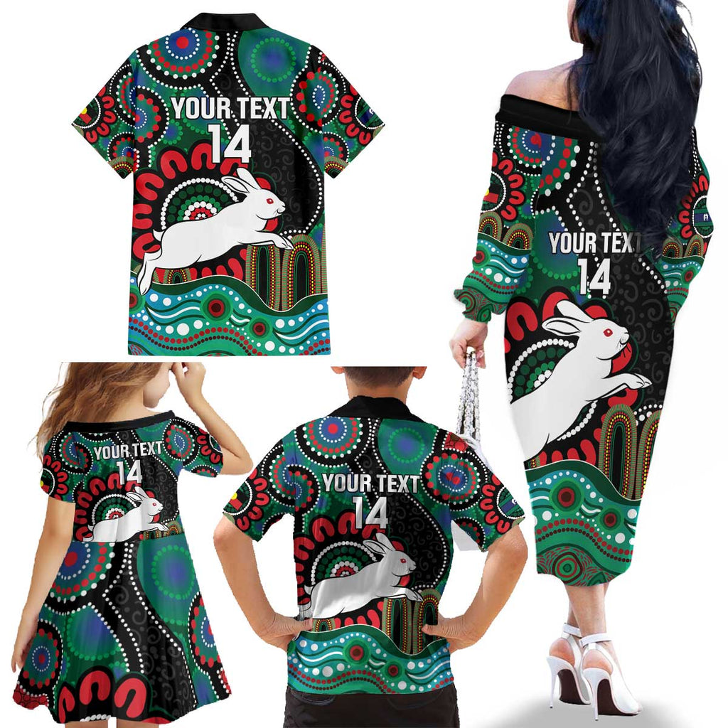 Custom NAIDOC Week 2025 Rabbitohs Family Matching Off The Shoulder Long Sleeve Dress and Hawaiian Shirt Go Souths Indigenous Art