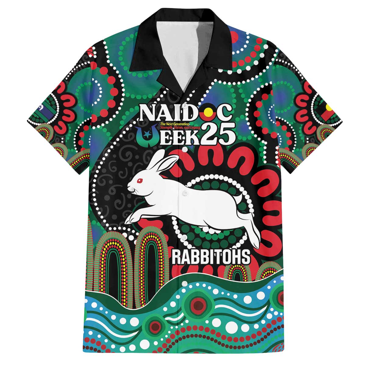 Custom NAIDOC Week 2025 Rabbitohs Family Matching Off The Shoulder Long Sleeve Dress and Hawaiian Shirt Go Souths Indigenous Art