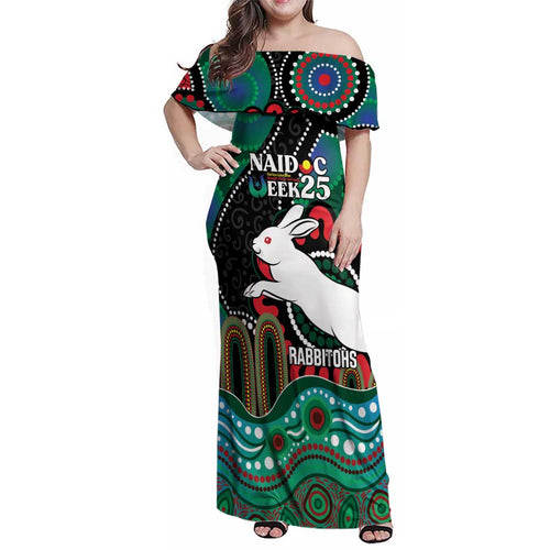 Custom NAIDOC Week 2025 Rabbitohs Family Matching Off Shoulder Maxi Dress and Hawaiian Shirt Go Souths Indigenous Art