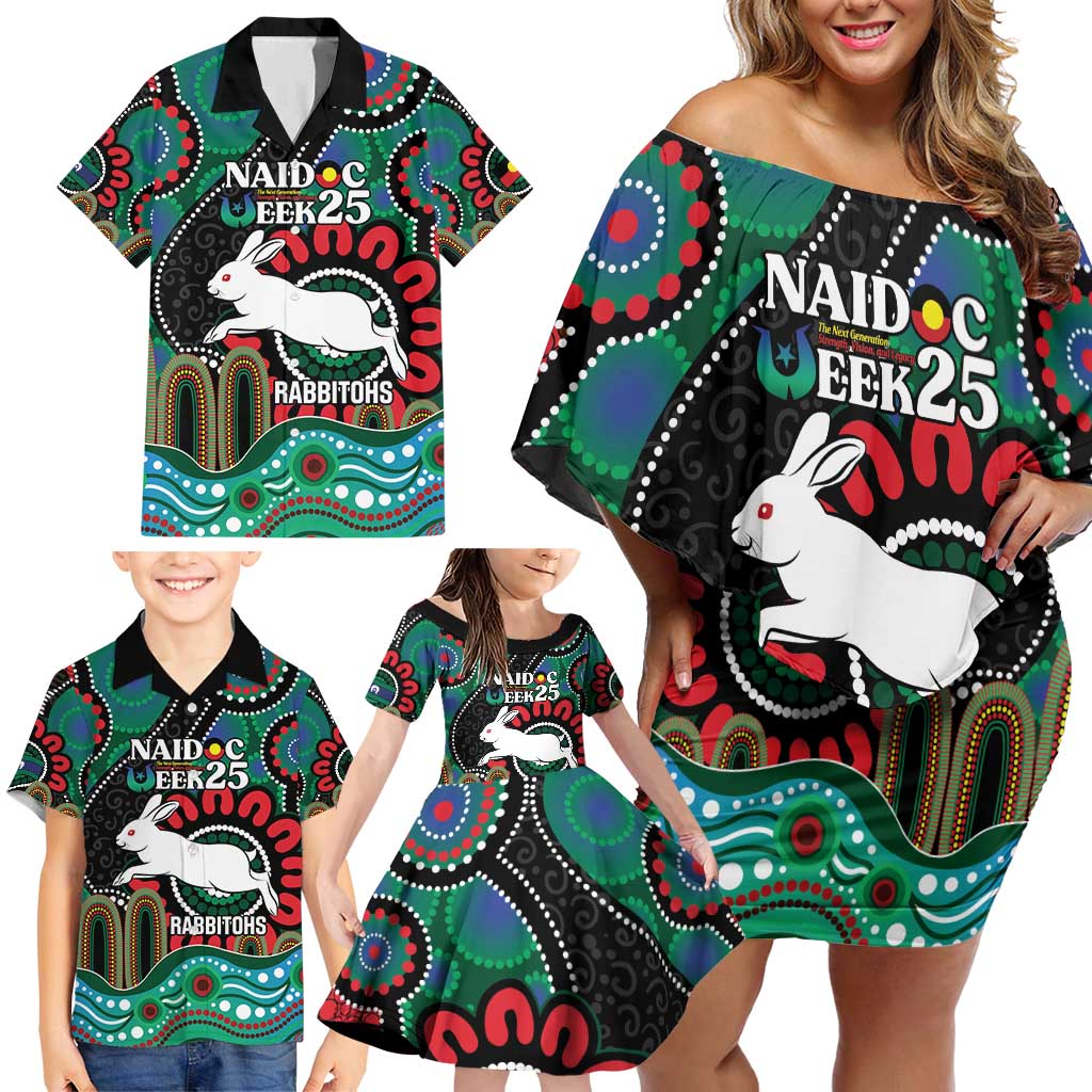 Custom NAIDOC Week 2025 Rabbitohs Family Matching Off Shoulder Short Dress and Hawaiian Shirt Go Souths Indigenous Art