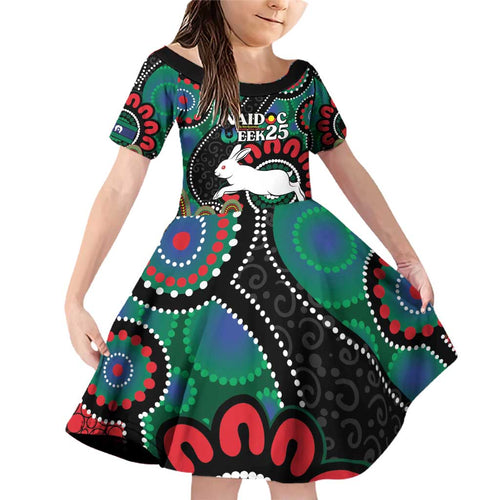 Custom NAIDOC Week 2025 Rabbitohs Family Matching Off Shoulder Short Dress and Hawaiian Shirt Go Souths Indigenous Art