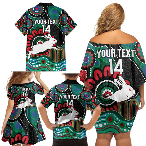 Custom NAIDOC Week 2025 Rabbitohs Family Matching Off Shoulder Short Dress and Hawaiian Shirt Go Souths Indigenous Art