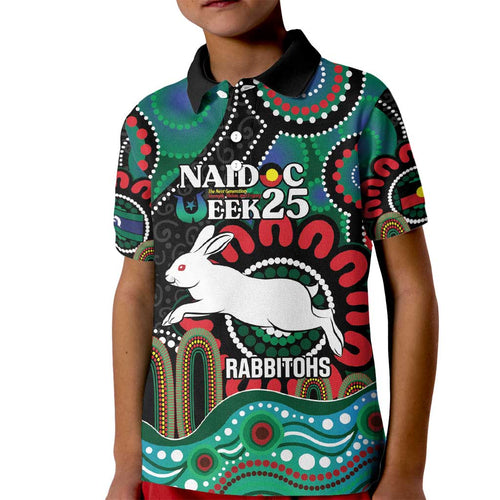 Custom NAIDOC Week 2025 Rabbitohs Kid Polo Shirt Go Souths Indigenous Art