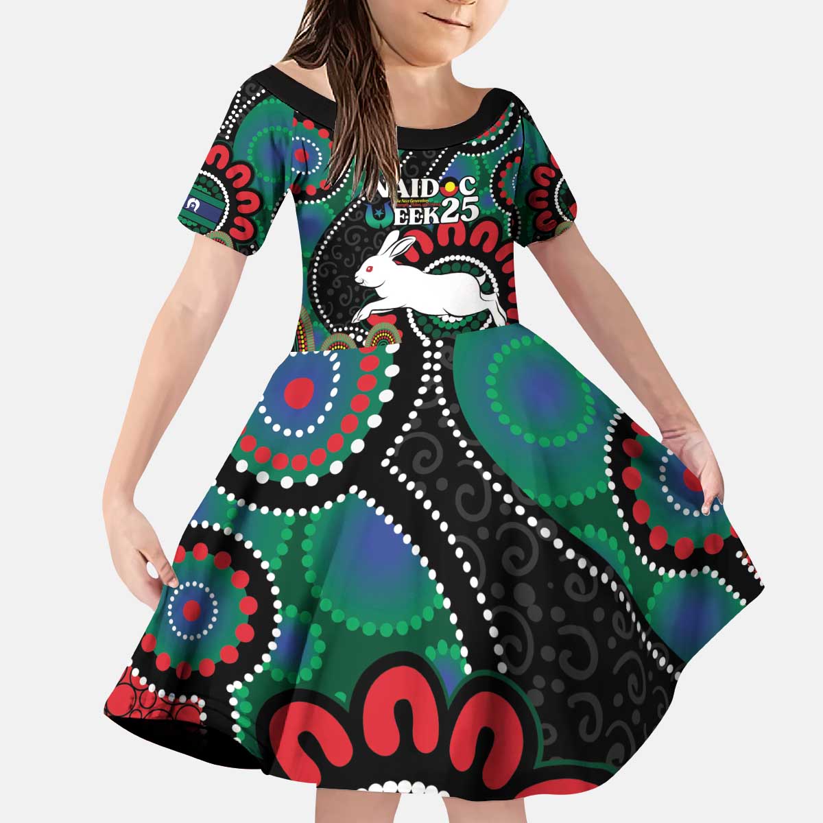 Custom NAIDOC Week 2025 Rabbitohs Kid Short Sleeve Dress Go Souths Indigenous Art