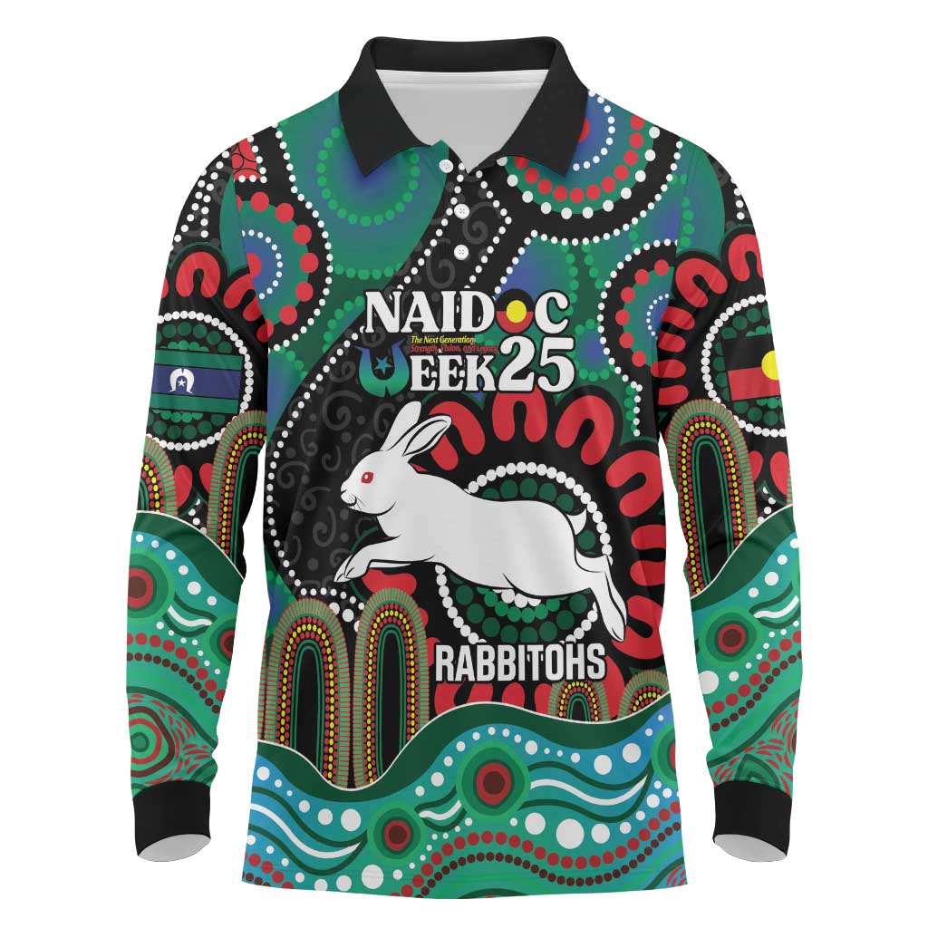 Custom NAIDOC Week 2025 Rabbitohs Long Sleeve Polo Shirt Go Souths Indigenous Art