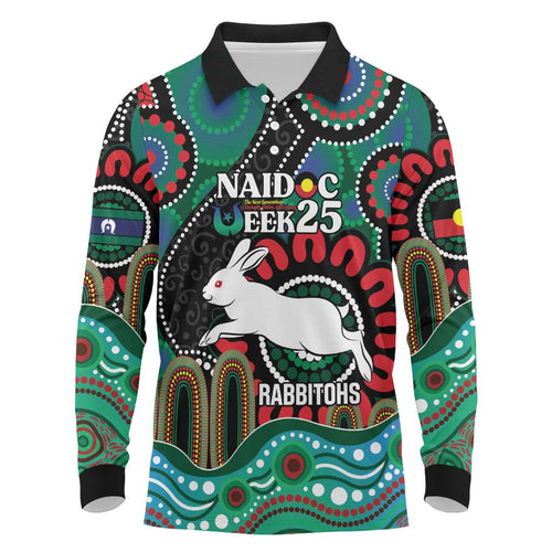 Custom NAIDOC Week 2025 Rabbitohs Long Sleeve Polo Shirt Go Souths Indigenous Art