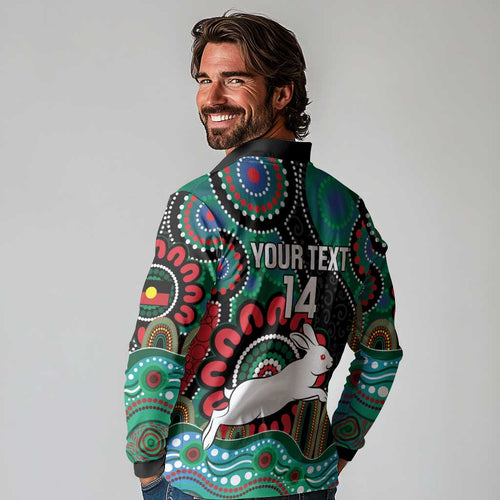 Custom NAIDOC Week 2025 Rabbitohs Long Sleeve Polo Shirt Go Souths Indigenous Art