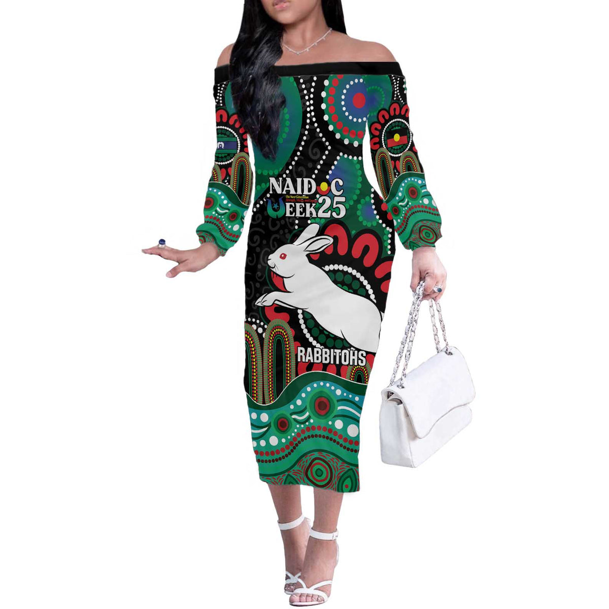 Custom NAIDOC Week 2025 Rabbitohs Off The Shoulder Long Sleeve Dress Go Souths Indigenous Art