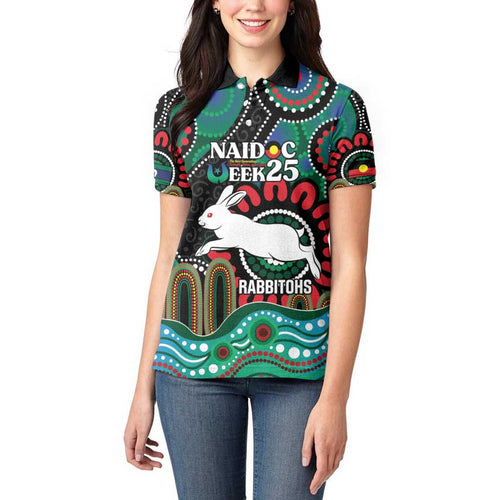 Custom NAIDOC Week 2025 Rabbitohs Women Polo Shirt Go Souths Indigenous Art