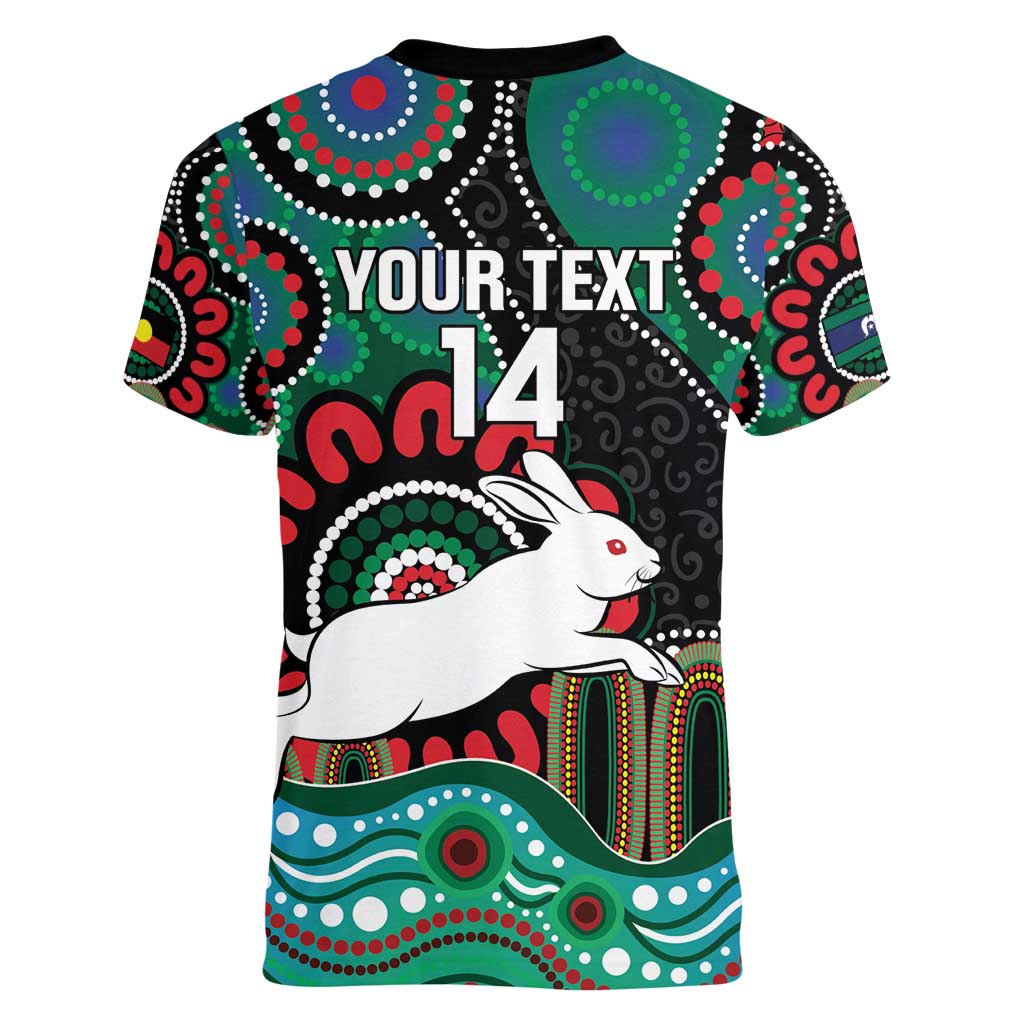 Custom NAIDOC Week 2025 Rabbitohs Women V-Neck T-Shirt Go Souths Indigenous Art