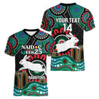 Custom NAIDOC Week 2025 Rabbitohs Women V-Neck T-Shirt Go Souths Indigenous Art