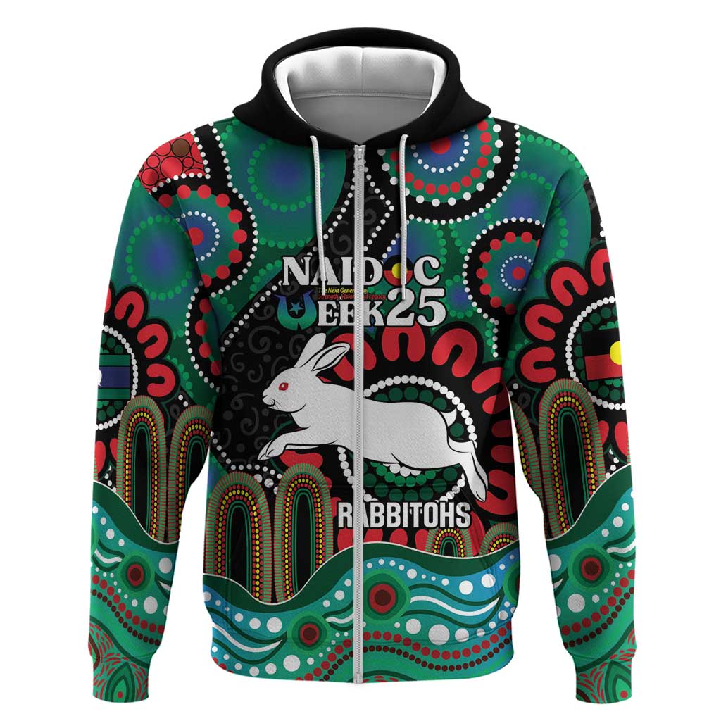 Custom NAIDOC Week 2025 Rabbitohs Zip Hoodie Go Souths Indigenous Art