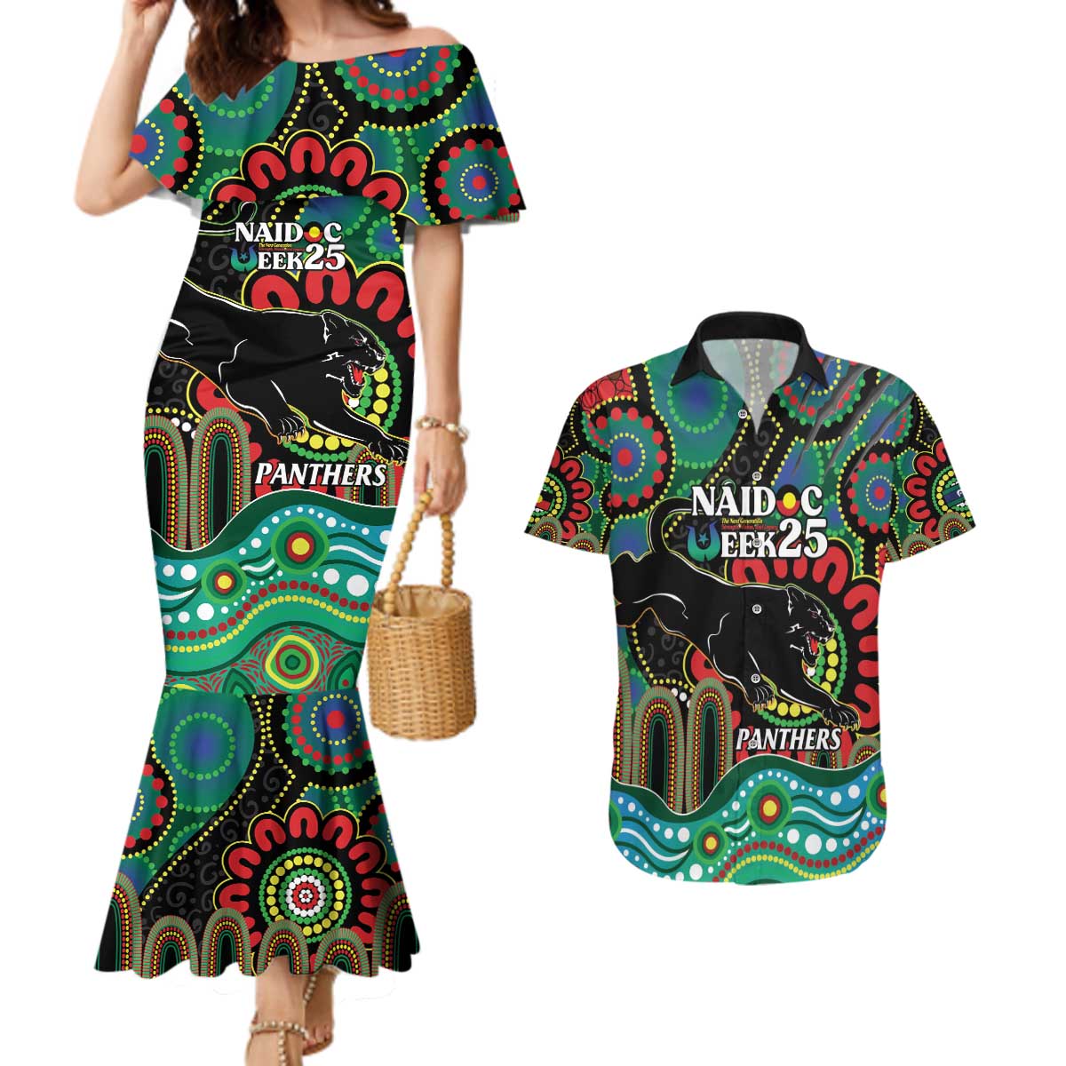 Custom NAIDOC Week 2025 Panthers Couples Matching Mermaid Dress and Hawaiian Shirt Go Mountain Men Indigenous Art