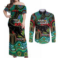 Custom NAIDOC Week 2025 Panthers Couples Matching Off Shoulder Maxi Dress and Long Sleeve Button Shirt Go Mountain Men Indigenous Art