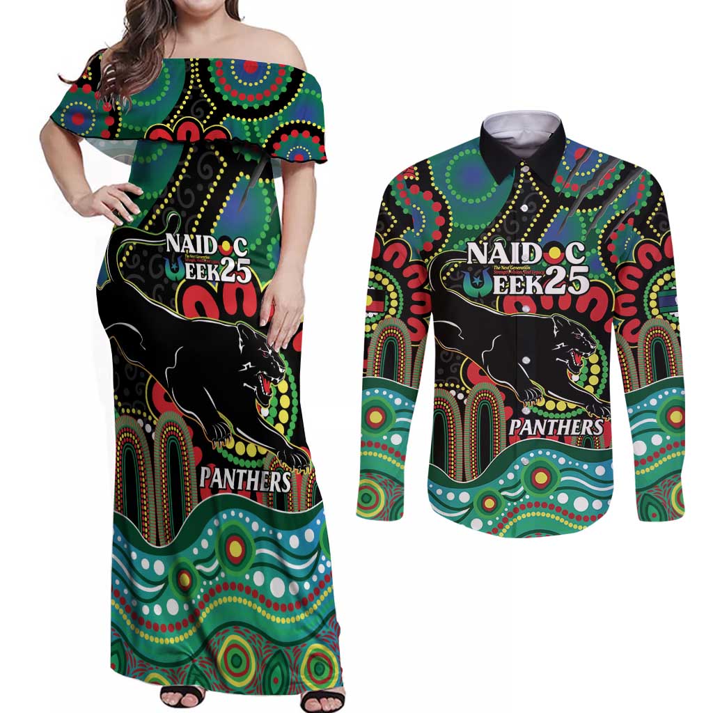 Custom NAIDOC Week 2025 Panthers Couples Matching Off Shoulder Maxi Dress and Long Sleeve Button Shirt Go Mountain Men Indigenous Art