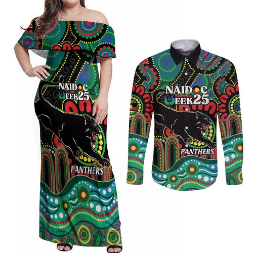 Custom NAIDOC Week 2025 Panthers Couples Matching Off Shoulder Maxi Dress and Long Sleeve Button Shirt Go Mountain Men Indigenous Art