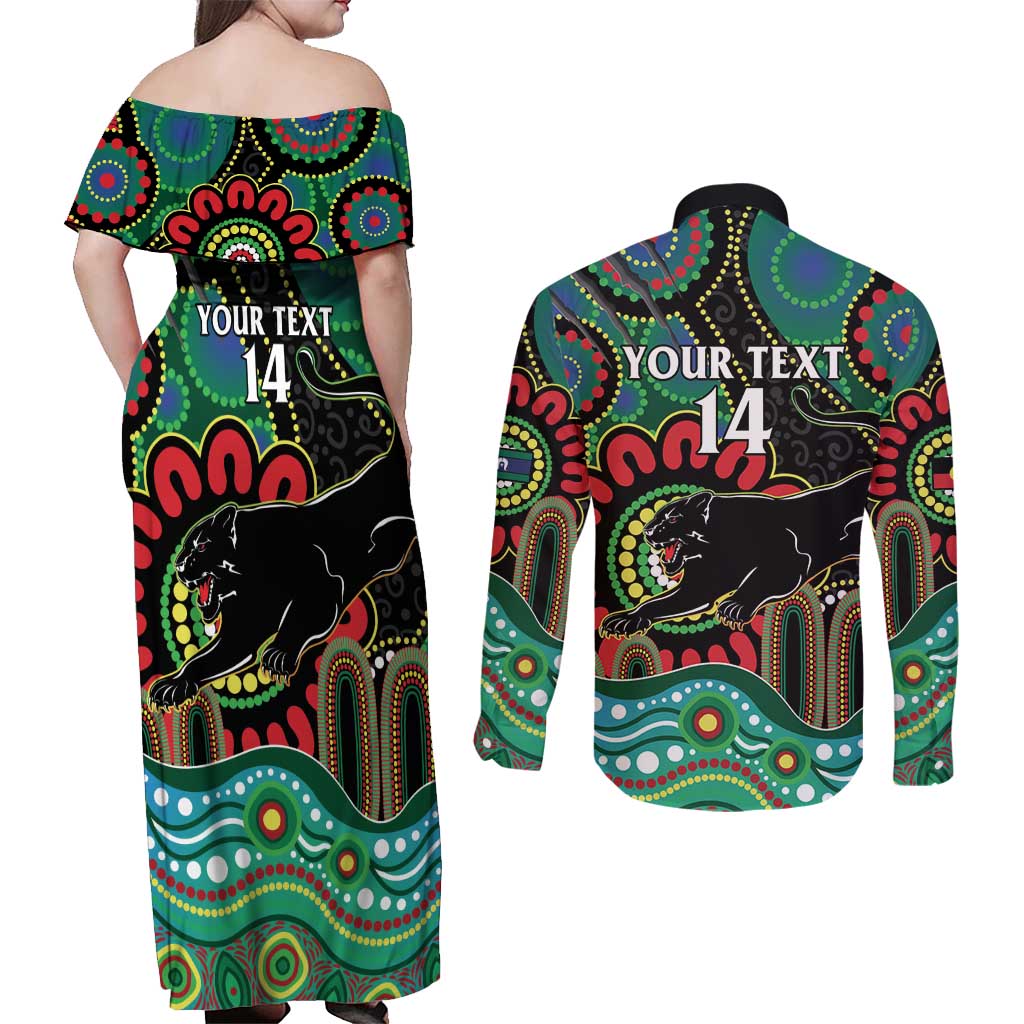 Custom NAIDOC Week 2025 Panthers Couples Matching Off Shoulder Maxi Dress and Long Sleeve Button Shirt Go Mountain Men Indigenous Art