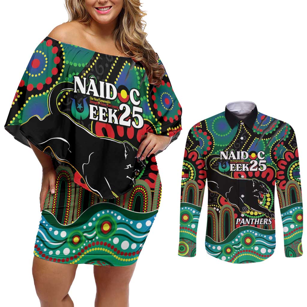 Custom NAIDOC Week 2025 Panthers Couples Matching Off Shoulder Short Dress and Long Sleeve Button Shirt Go Mountain Men Indigenous Art