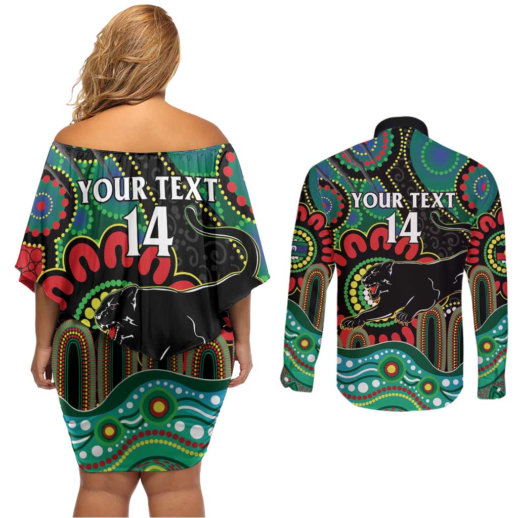 Custom NAIDOC Week 2025 Panthers Couples Matching Off Shoulder Short Dress and Long Sleeve Button Shirt Go Mountain Men Indigenous Art