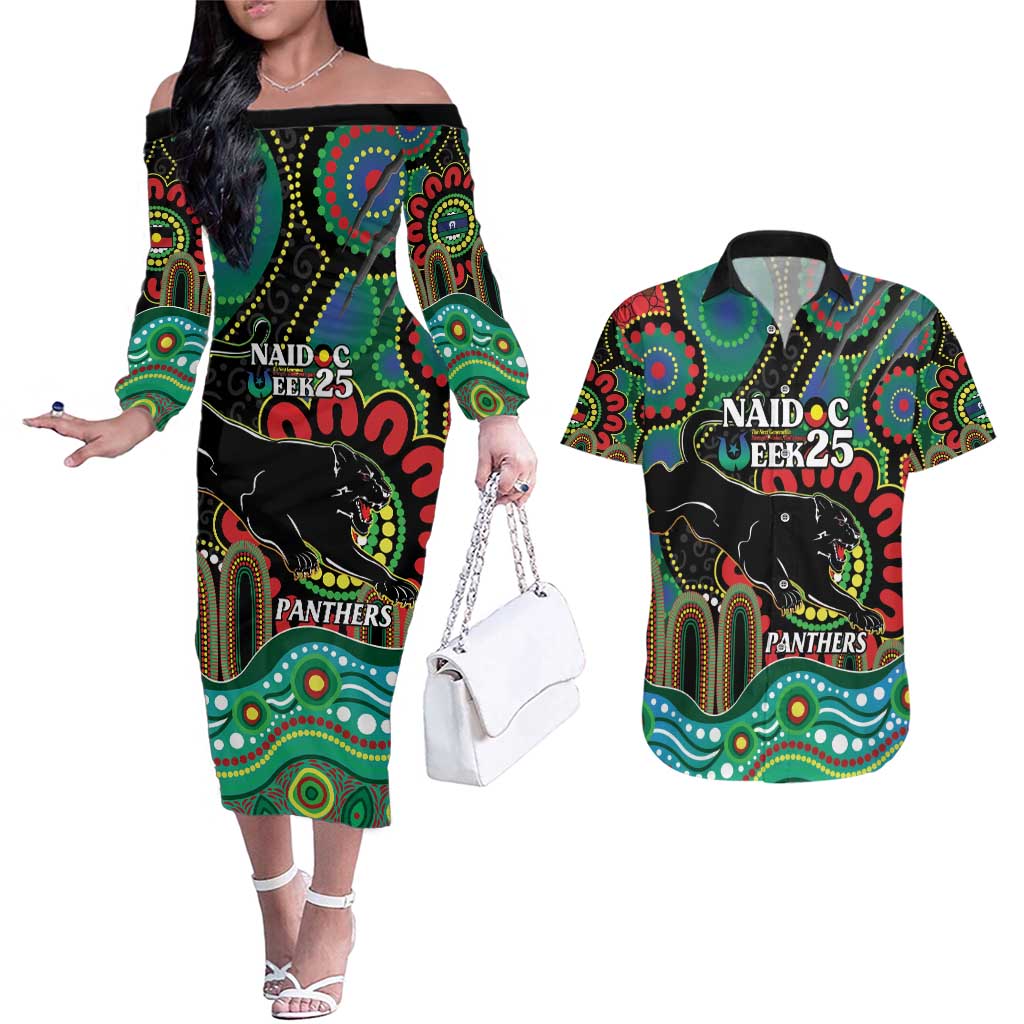 Custom NAIDOC Week 2025 Panthers Couples Matching Off The Shoulder Long Sleeve Dress and Hawaiian Shirt Go Mountain Men Indigenous Art