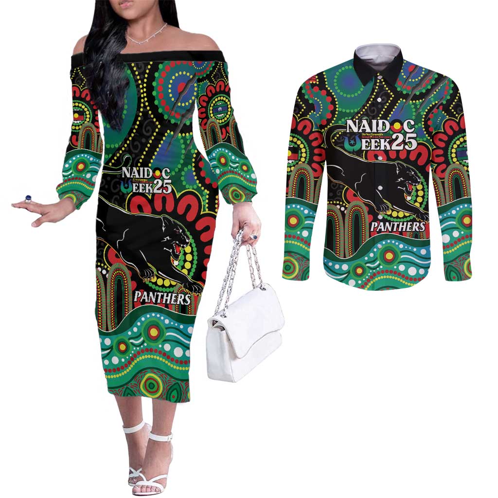 Custom NAIDOC Week 2025 Panthers Couples Matching Off The Shoulder Long Sleeve Dress and Long Sleeve Button Shirt Go Mountain Men Indigenous Art