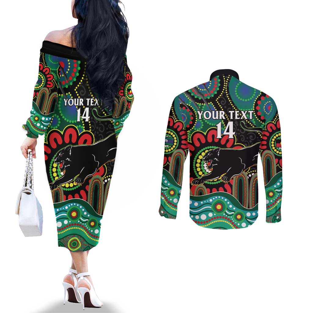 Custom NAIDOC Week 2025 Panthers Couples Matching Off The Shoulder Long Sleeve Dress and Long Sleeve Button Shirt Go Mountain Men Indigenous Art