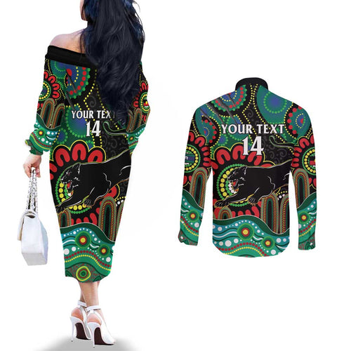 Custom NAIDOC Week 2025 Panthers Couples Matching Off The Shoulder Long Sleeve Dress and Long Sleeve Button Shirt Go Mountain Men Indigenous Art