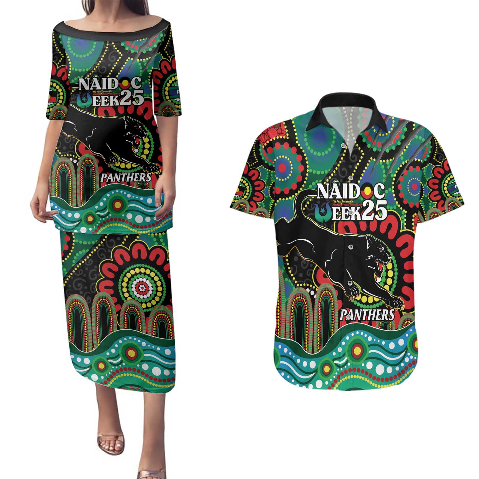 Custom NAIDOC Week 2025 Panthers Couples Matching Puletasi and Hawaiian Shirt Go Mountain Men Indigenous Art