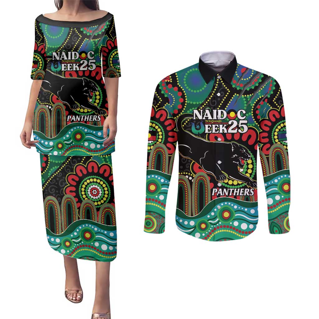 Custom NAIDOC Week 2025 Panthers Couples Matching Puletasi and Long Sleeve Button Shirt Go Mountain Men Indigenous Art