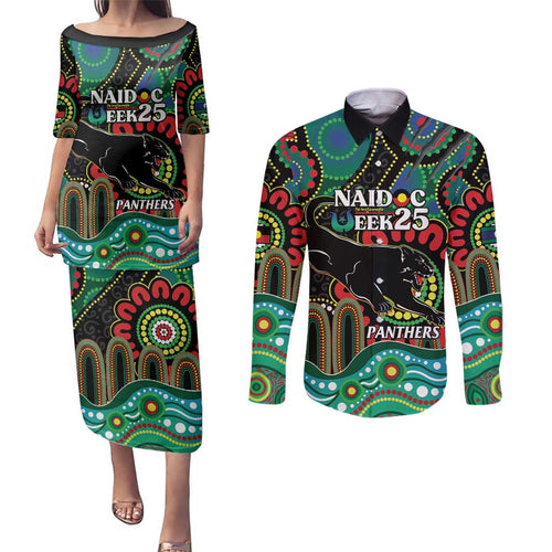 Custom NAIDOC Week 2025 Panthers Couples Matching Puletasi and Long Sleeve Button Shirt Go Mountain Men Indigenous Art