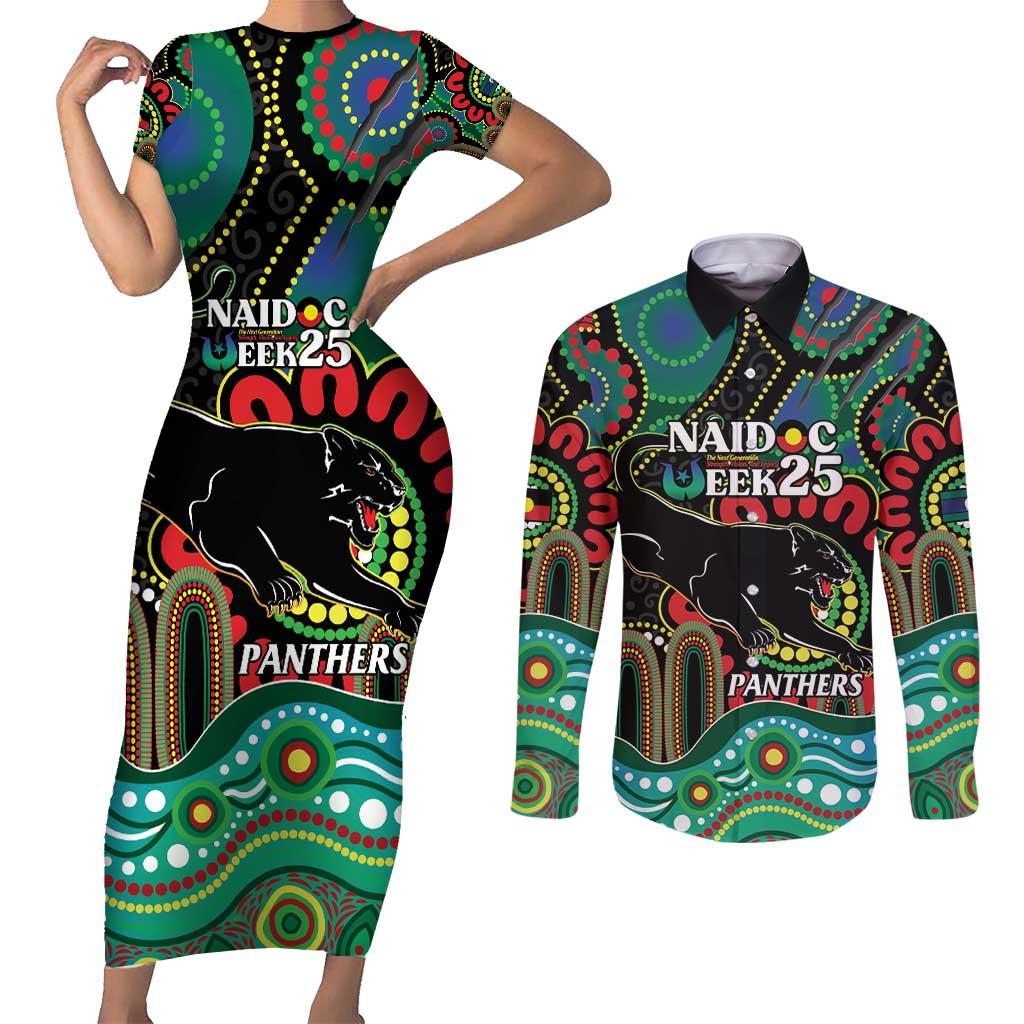 Custom NAIDOC Week 2025 Panthers Couples Matching Short Sleeve Bodycon Dress and Long Sleeve Button Shirt Go Mountain Men Indigenous Art