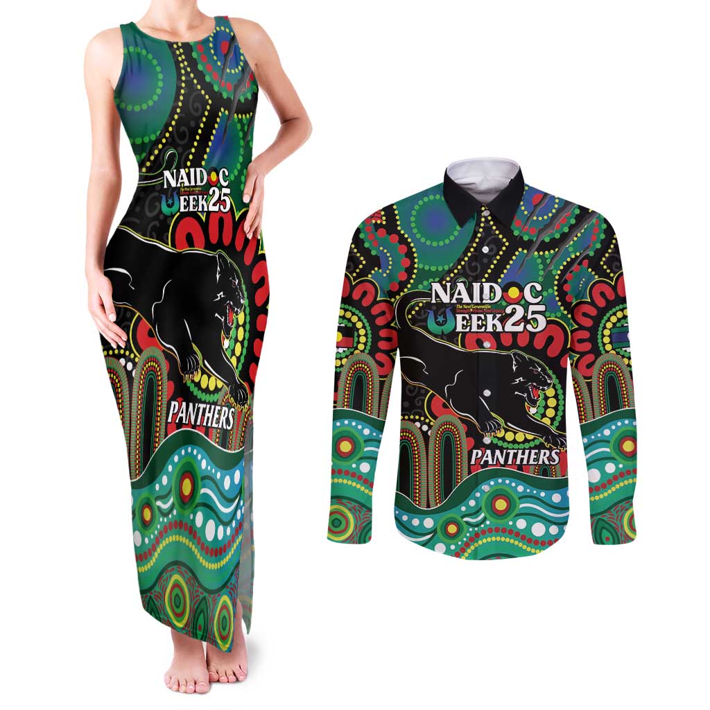Custom NAIDOC Week 2025 Panthers Couples Matching Tank Maxi Dress and Long Sleeve Button Shirt Go Mountain Men Indigenous Art
