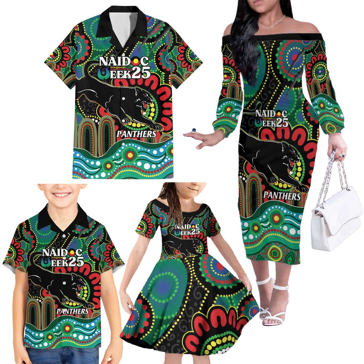 Custom NAIDOC Week 2025 Panthers Family Matching Off The Shoulder Long Sleeve Dress and Hawaiian Shirt Go Mountain Men Indigenous Art