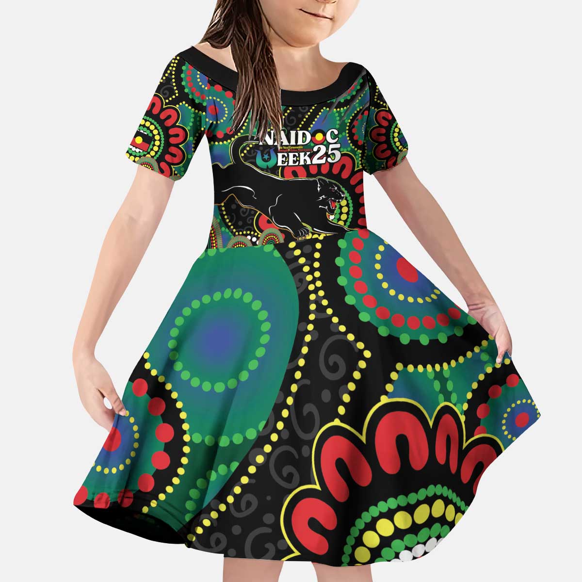 Custom NAIDOC Week 2025 Panthers Kid Short Sleeve Dress Go Mountain Men Indigenous Art