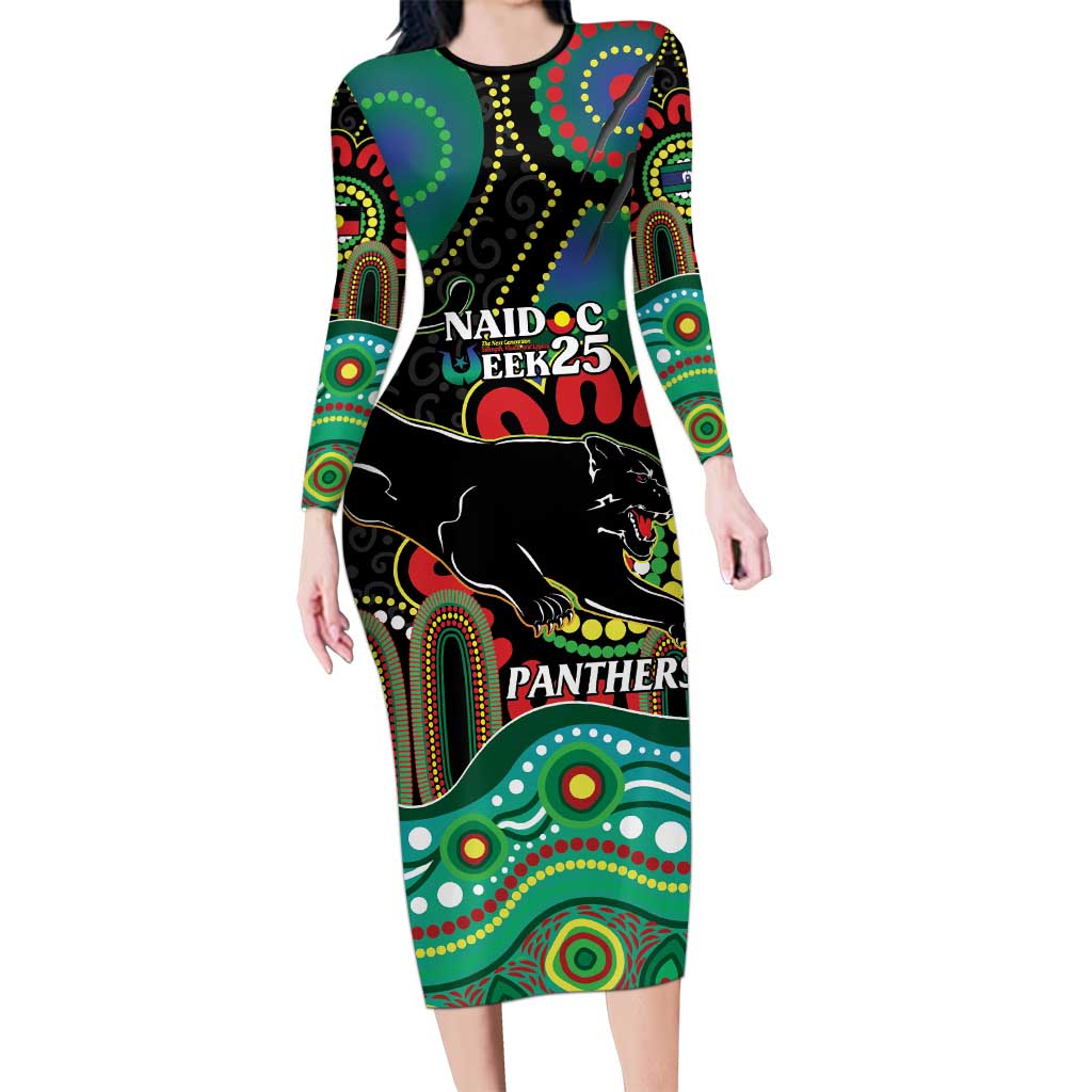 Custom NAIDOC Week 2025 Panthers Long Sleeve Bodycon Dress Go Mountain Men Indigenous Art